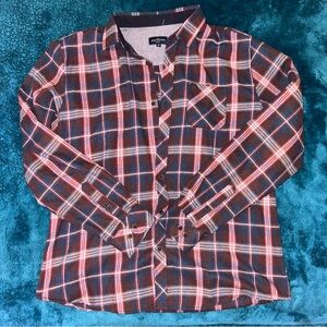 Navy and red button-up flannel